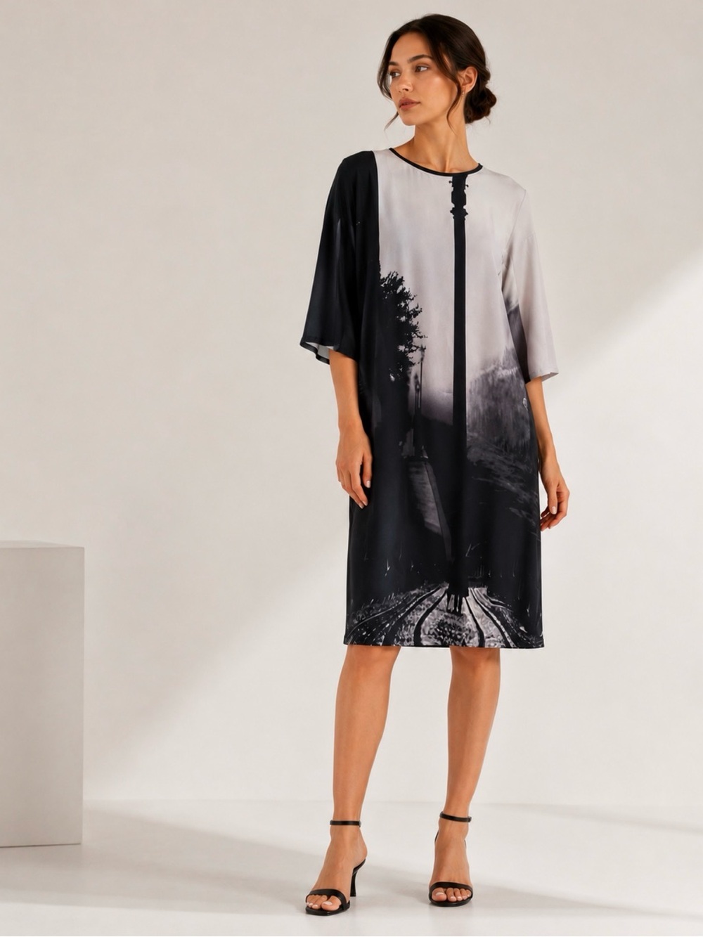 Antonio Berardi Silk Scenic Print Shift Dress Black White Sz 6